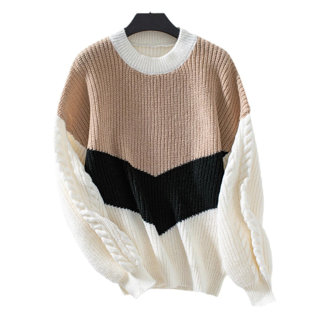 Damen Strickpullover mit modernen Farbblocklinien und Zopfmuster EB
