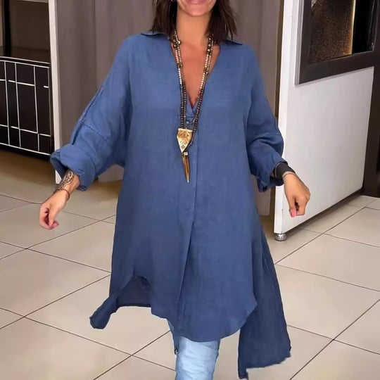 Damen Lässige Leinenbluse mit durchgehender Knopfleiste und umschlagbaren Ärmeln EB