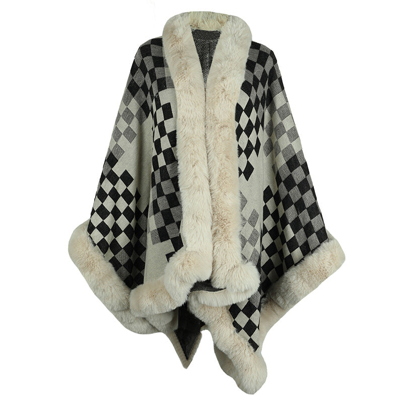 Damen eleganter Strickponcho mit luxuriösem Kunstfellbesatz und geometrischem Muster EB