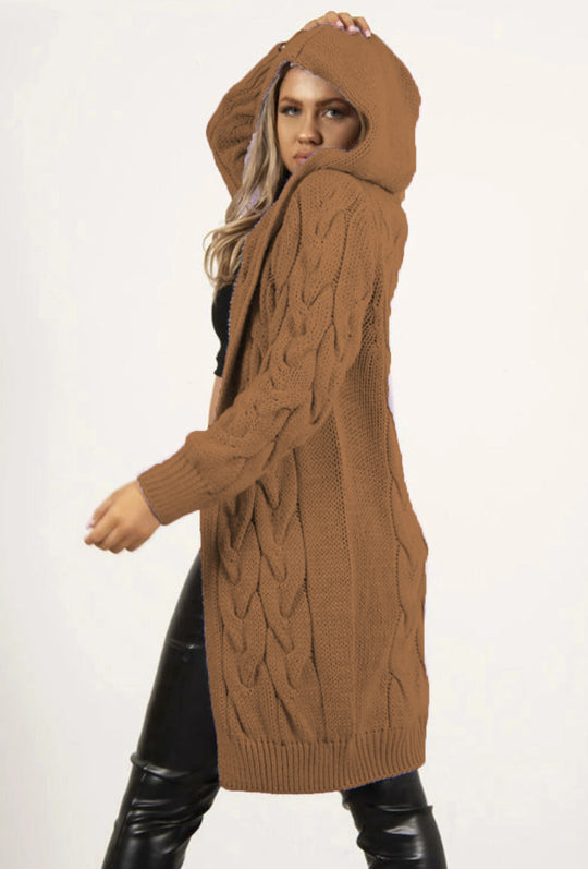 Damen Strickmantel mit Kapuze und Zopfmuster EB