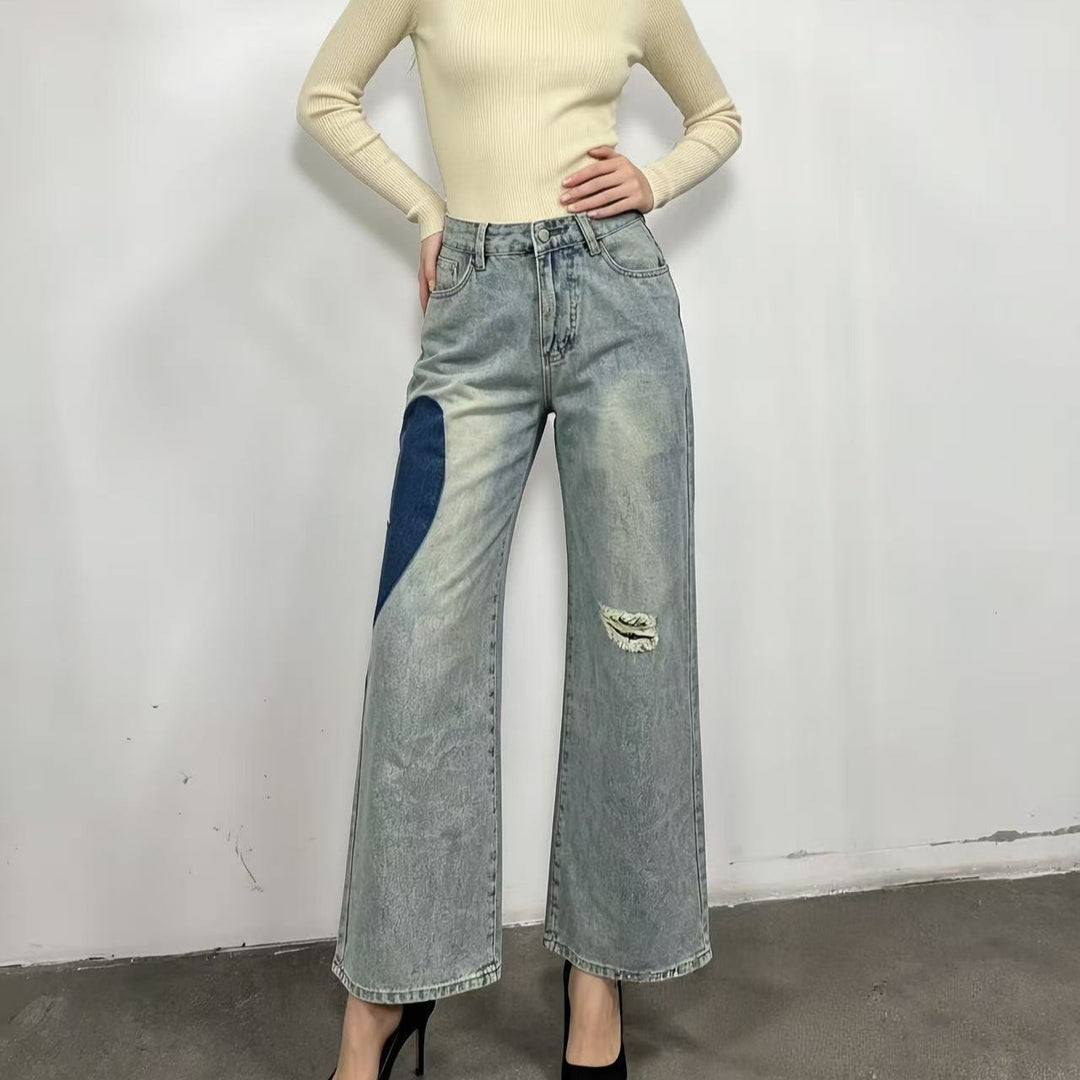 Damen weit geschnittene Denim-Jeans mit einzigartigen Farbakzenten EB