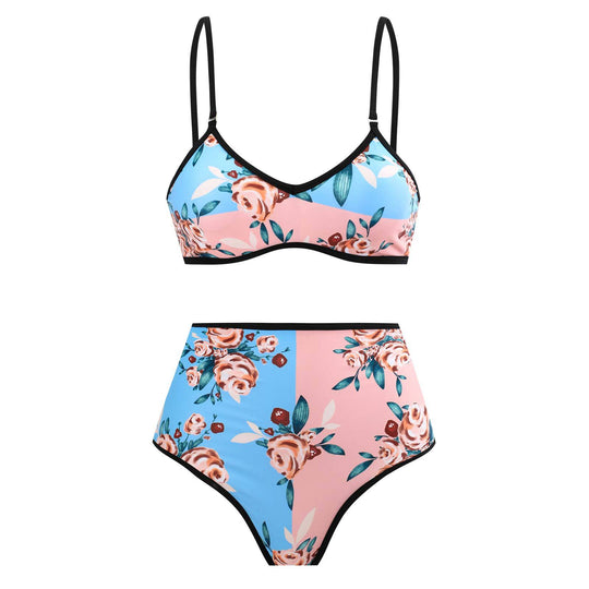 Damen Hochgeschnittener Bikini mit floralem Muster und kontrastierendem Detail EB