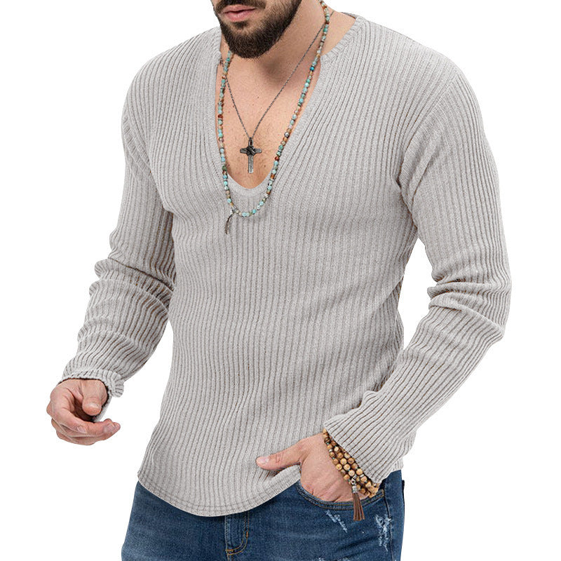 Herren Langarm-Rippenpullover mit tiefem V-Ausschnitt und modernem Schnitt EB