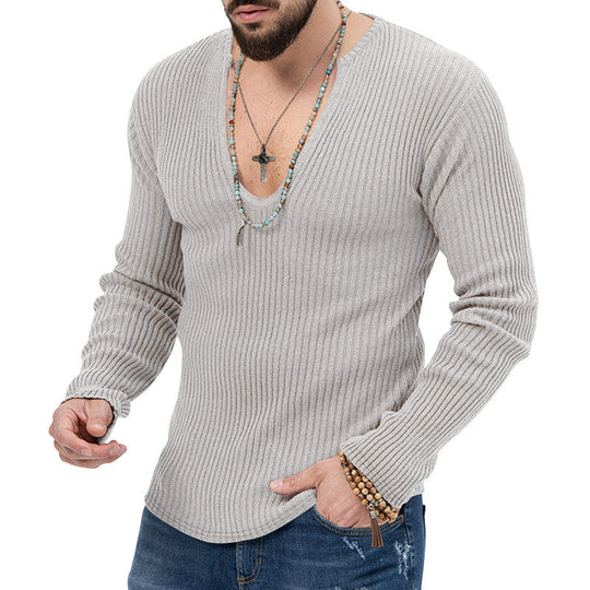 Herren Langarm-Rippenpullover mit tiefem V-Ausschnitt und modernem Schnitt EB