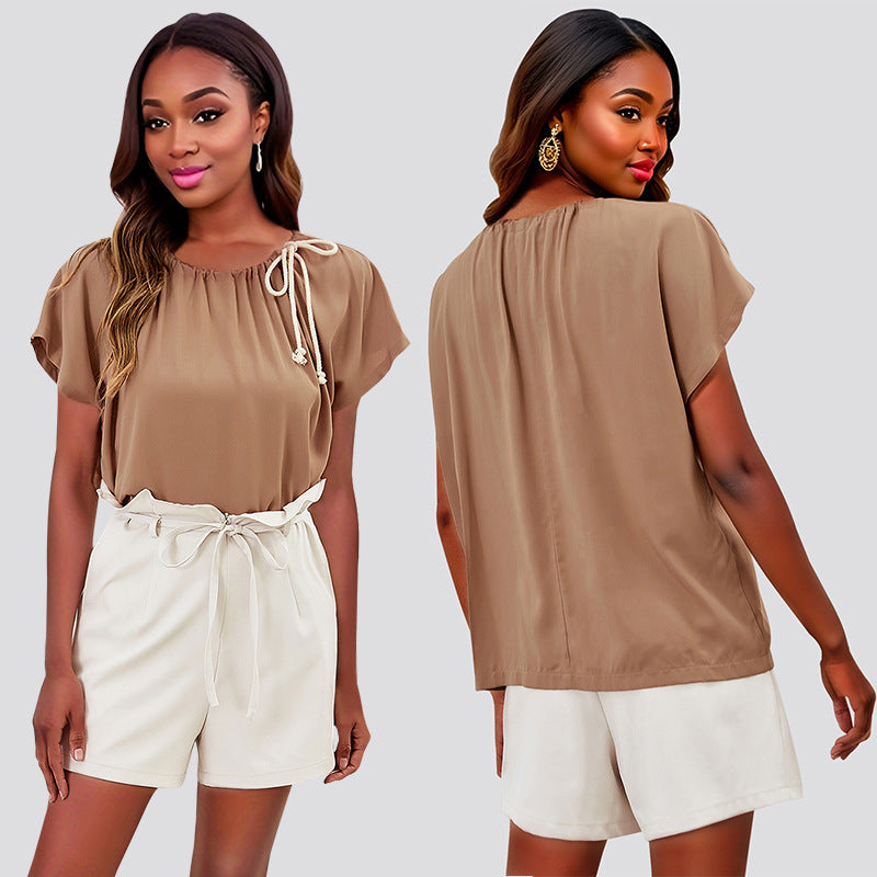 Damen lässiges Oberteil mit elastischem Kragen und Kordelzug EB