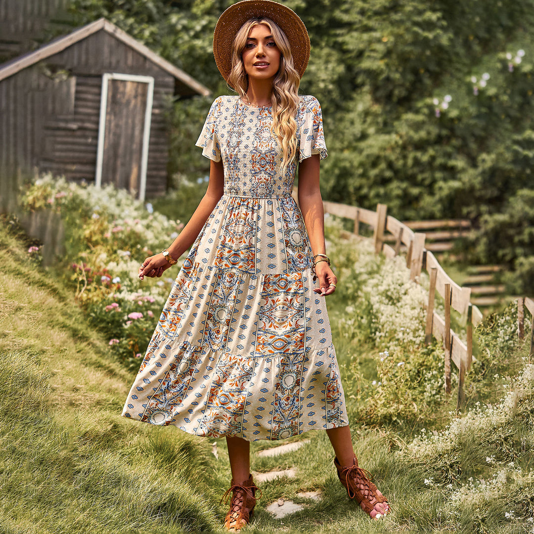 Damen Maxikleid mit floralem Muster und elastischem Tailleneinsatz EB