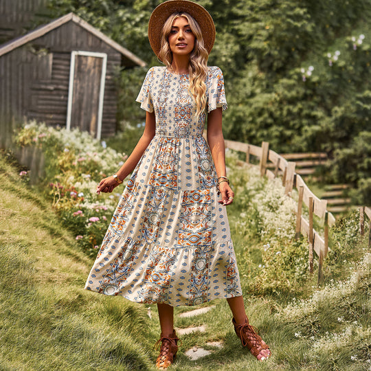 Damen Maxikleid mit floralem Muster und elastischem Tailleneinsatz EB