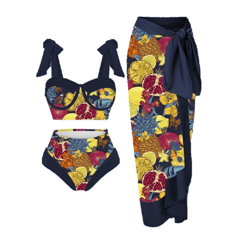 Damen Einteiler Badeanzug mit elegantem Wickelrock und modischen Riemen EB
