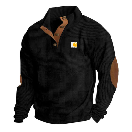 Herren nan Strickpullover im Troyer-Stil mit Stehkragen Lederbesatz Druckknopfleiste und Ellbogen-Patches EB