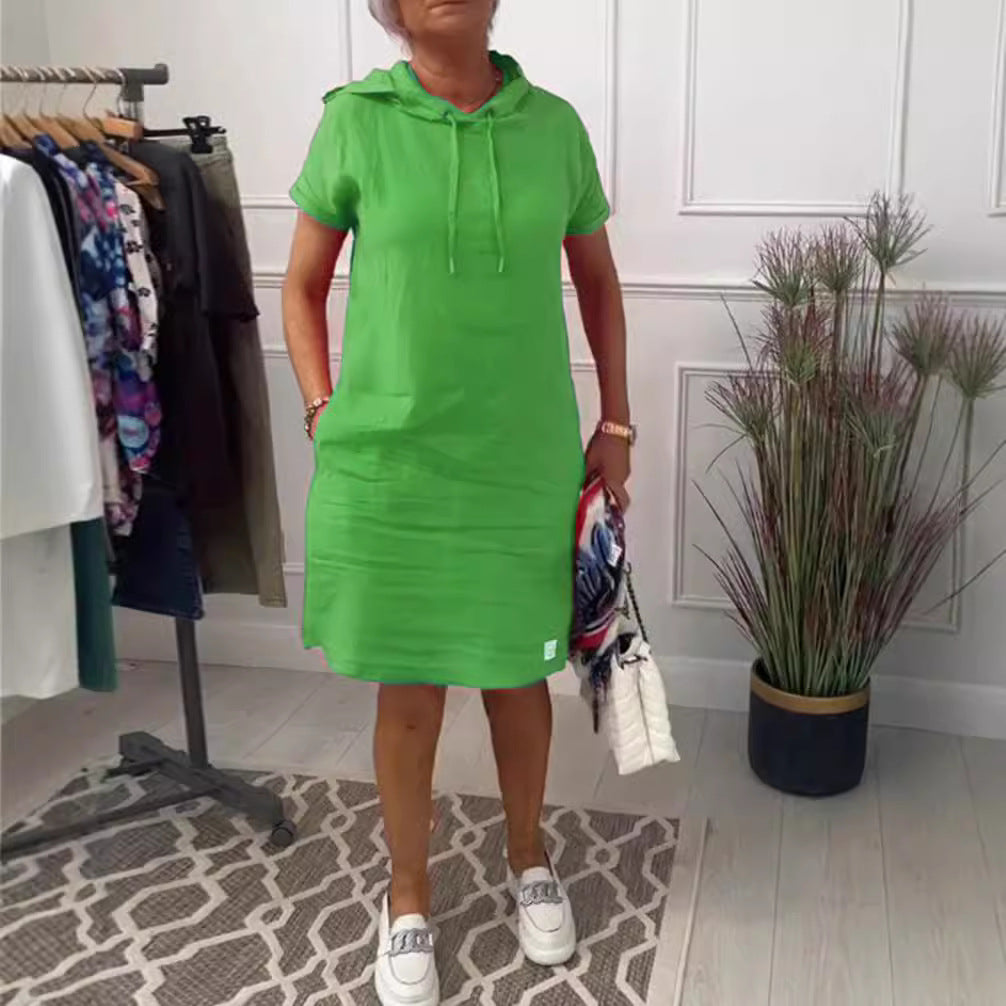 Damen nan legeres Kapuzenkleid mit kurzem Ärmel, geradem Schnitt und Kordelzug EB
