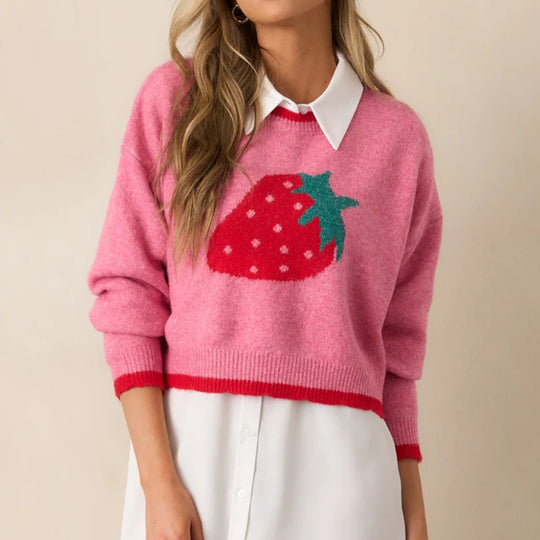 Damen trendiger Pullover mit Erdbeer-Motiv und Kontrastbündchen EB