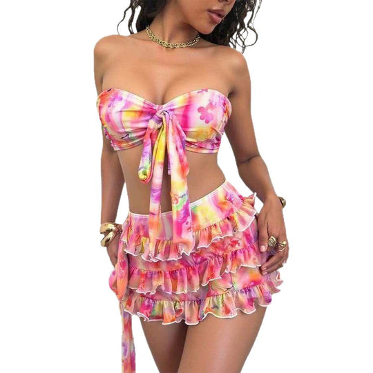 Damen Bandeau-Bikini-Set mit Rüschen und Wickeltuch EB
