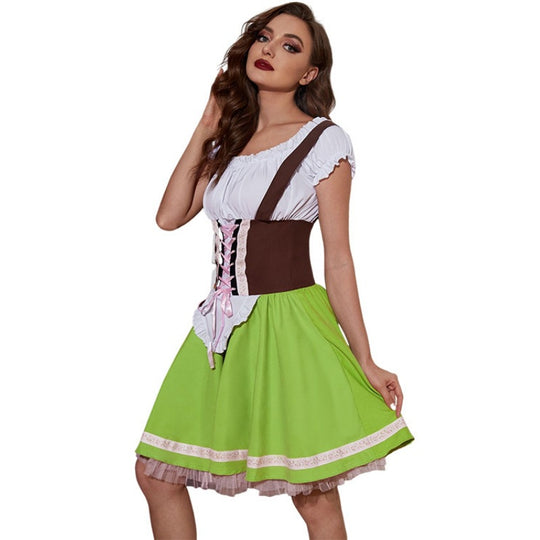 Damen nan Trachten-Festkleid mit figurbetonter Korsett-Schnürung, geraffter Carmenbluse und mehrlagigem Tellerrock EB