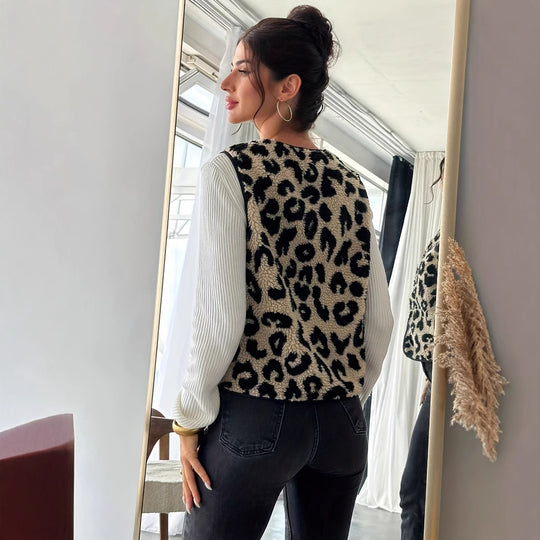 Damen Modische Plüschweste mit Leopardmuster EB