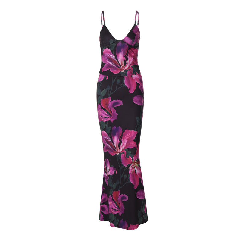 Damen Elegantes Maxikleid mit floralem Muster und Spaghetti-Trägern EB