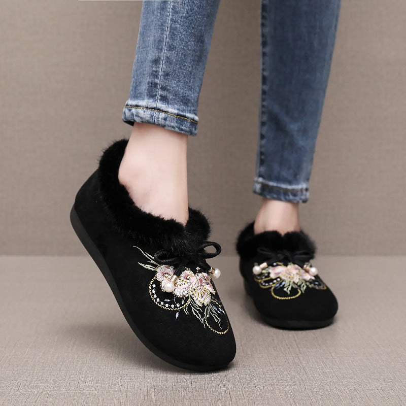 Damen Kuschelige Hausschuhe mit floralen Applikationen und weichem Kunstfell EB