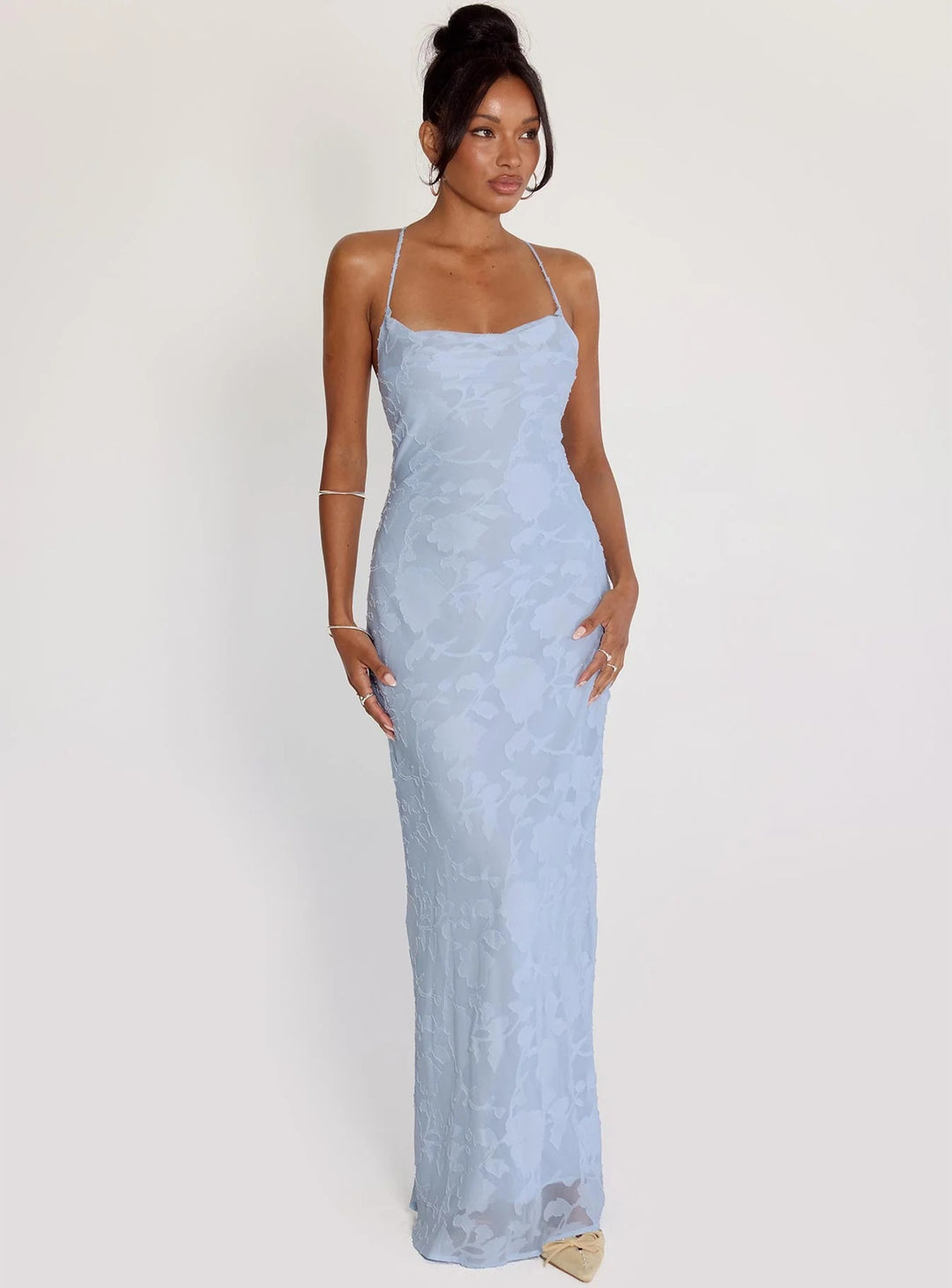 Damen Elegantes Abendkleid mit floralem Spitzenmuster und Spaghettiträgern EB