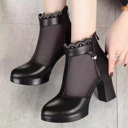 Damen Modische Peep-Toe Stiefeletten mit eleganter Mesh-Ansicht und hohem Blockabsatz EB