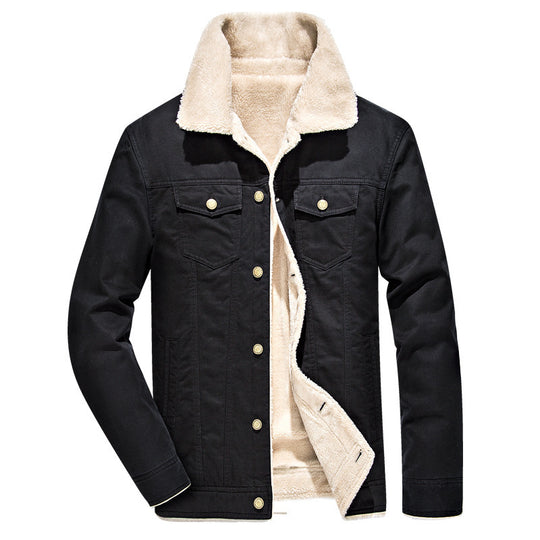 Herren Canvas-Truckerjacke mit durchgehendem Sherpa-Innenfutter und Umlegekragen EB