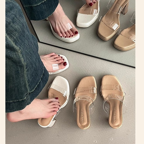 Damen transparente Mules mit elegantem Riemendesign EB