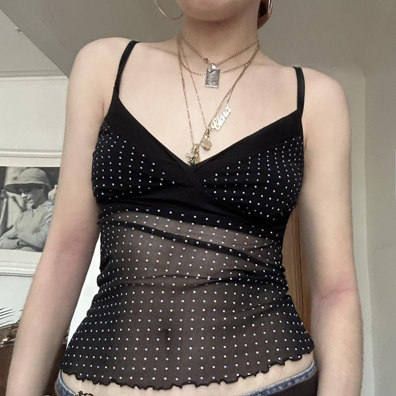 Damen Verspieltes Spaghetti-Trägertop mit transparenten Akzenten und Punkten EB