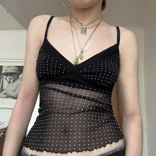 Damen Verspieltes Spaghetti-Trägertop mit transparenten Akzenten und Punkten EB