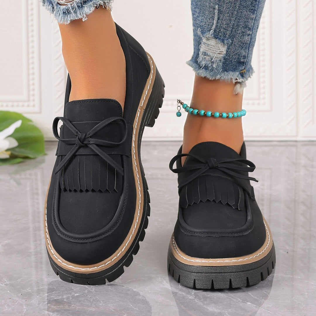 Damen modische Fransen-Loafer mit dekorativer Schleife und grober Profilsohle EB