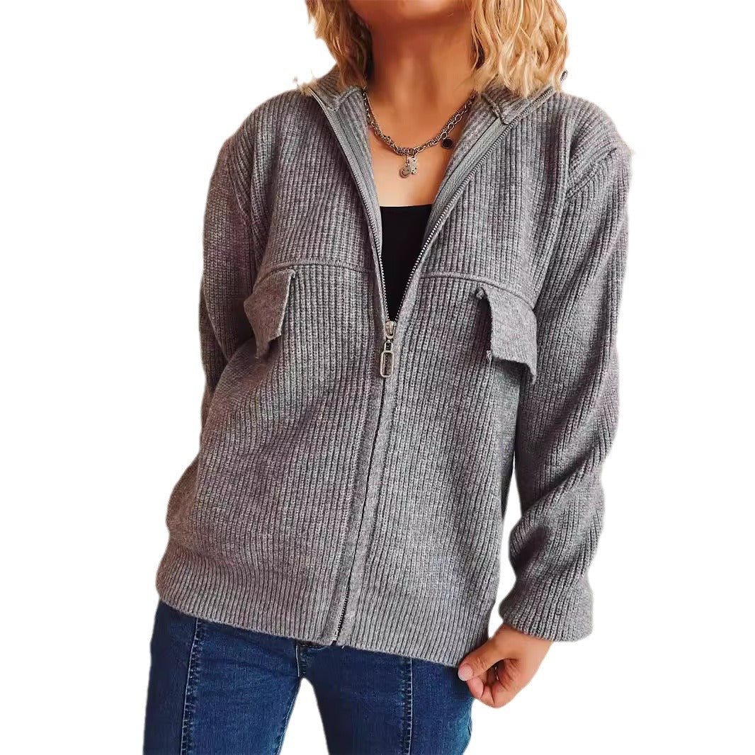 Damen lässige Strickjacke mit praktischen Taschen und hohem Kragen EB
