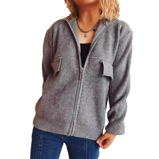 Damen lässige Strickjacke mit praktischen Taschen und hohem Kragen EB