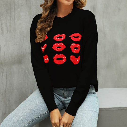 Damen Strickpullover mit glitzerndem Lippen-Motiv EB