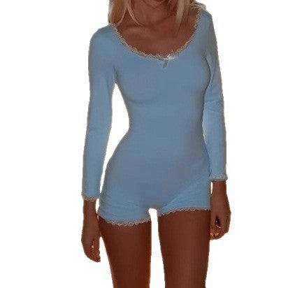 Damen Kurzarm Bodysuit mit Spitzenverzierungen und Rundhalsausschnitt EB