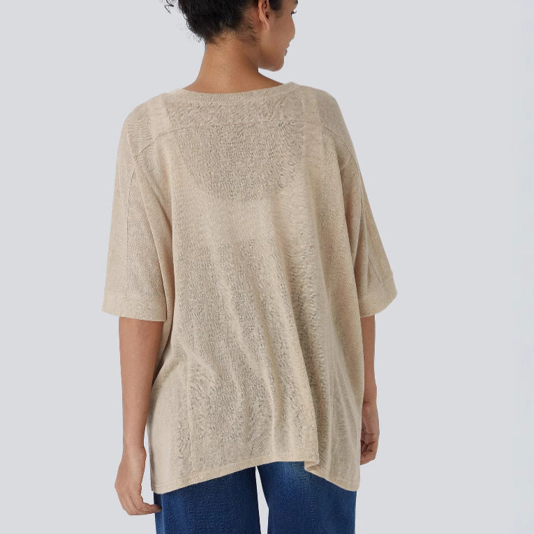 Damen lässiges Oversized T-Shirt mit seitlichen Schlitzen und umgeschlagenen Ärmeln EB