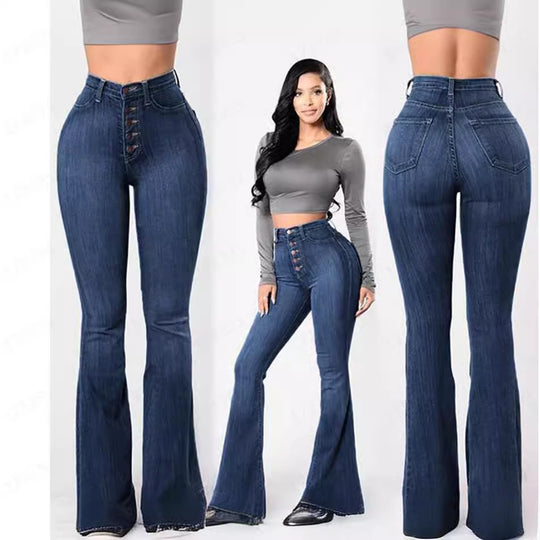 Damen nan hochgeschnittene Bootcut-Jeans mit sichtbarer Knopfleiste, figurformendem Stretch und schlankem Oberschenkel EB