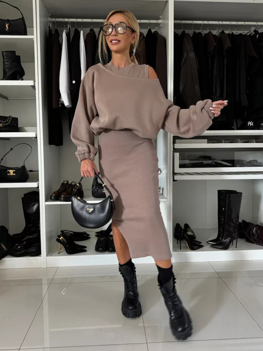 Damen legeres Sweatkleid mit asymmetrischem Saum und luftigen Ärmeln EB