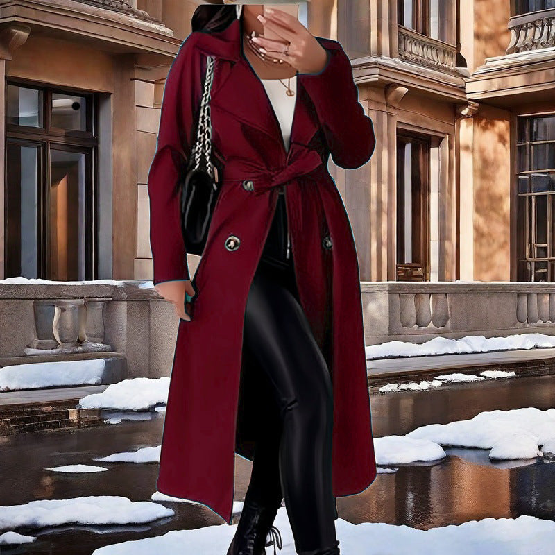 Damen Eleganter Trenchcoat mit Taillengürtel und doppelt geknöpften Details EB