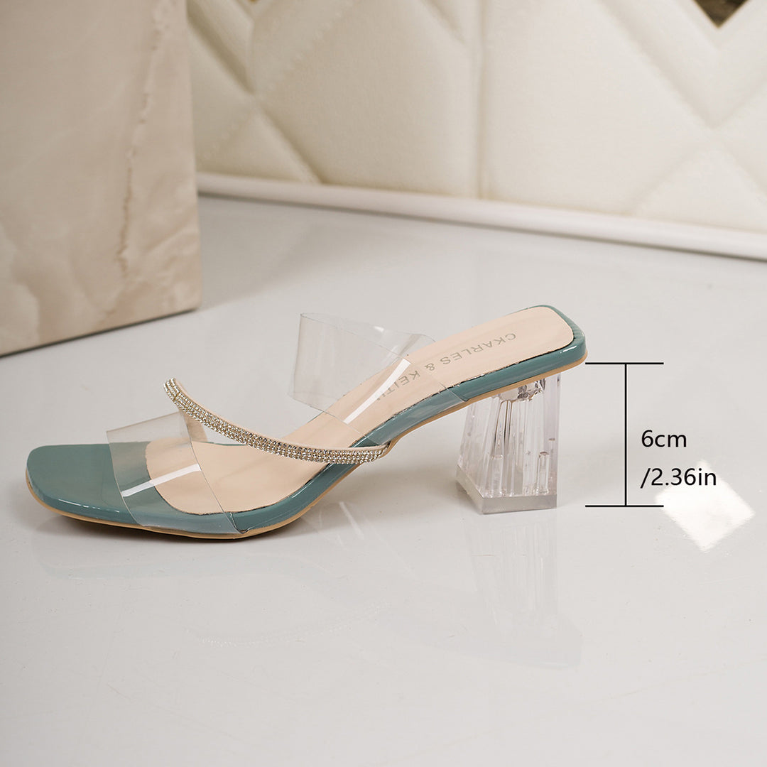 Damen Elegante Sandaletten mit transparentem Riemchen und glitzerndem Blockabsatz EB