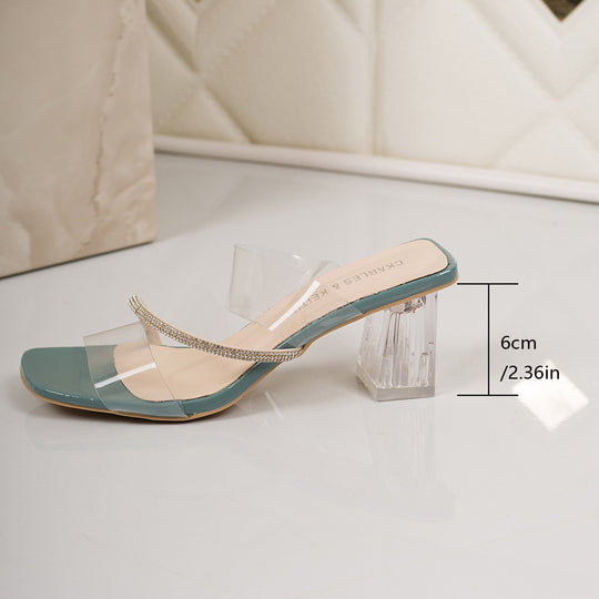 Damen Elegante Sandaletten mit transparentem Riemchen und glitzerndem Blockabsatz EB