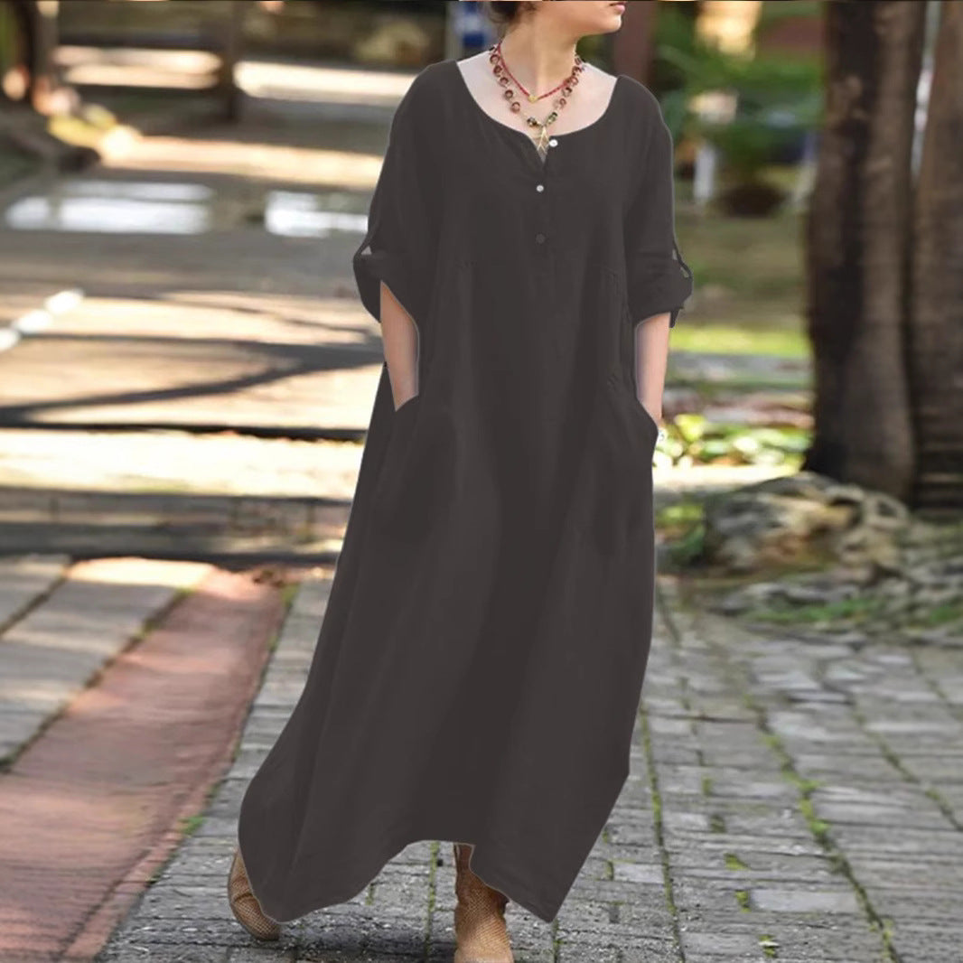 Damen lässiges Maxikleid mit praktischen Taschen und Knopfdetails EB