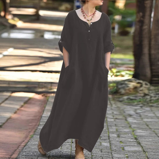 Damen lässiges Maxikleid mit praktischen Taschen und Knopfdetails EB