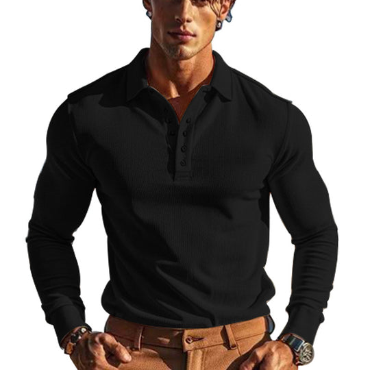 Herren nan körperbetontes Langarm-Henley-Poloshirt aus feiner Rippenstruktur EB