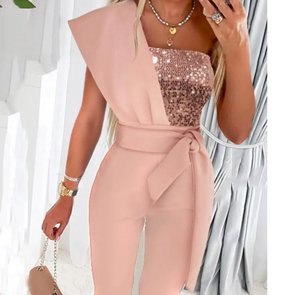Damen One-Shoulder Jumpsuit mit glitzerndem Oberteil und Taillengürtel EB