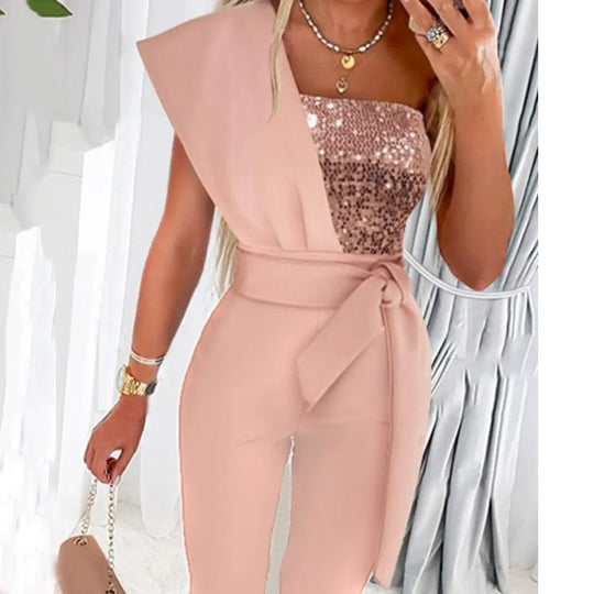 Damen One-Shoulder Jumpsuit mit glitzerndem Oberteil und Taillengürtel EB