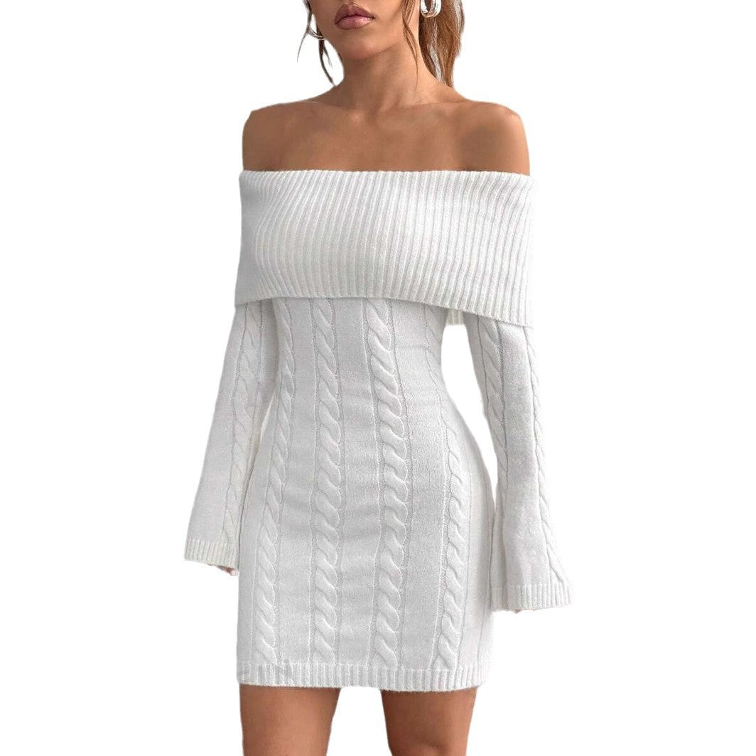 Damen figurbetontes Strickkleid mit weitem Ausschnitt EB