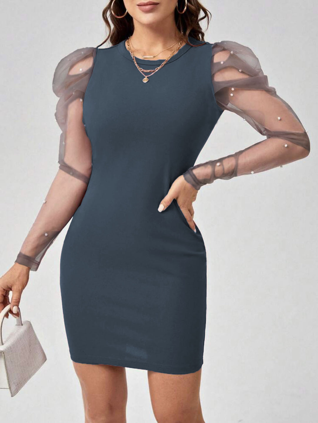 Damen Minikleid mit Tüllärmeln und Perlendetails EB