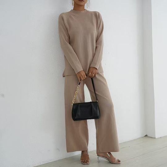 Damen elegantes und lässiges Strick-Loungewear-Set mit hohem Kragen und weiten Beinen EB