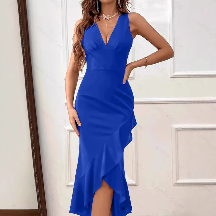 Damen Charmantes Maxikleid mit asymmetrischem Saum und V-Ausschnitt EB