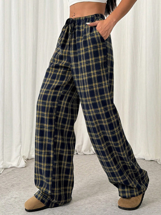 Damen Weit geschnittene Karohose mit elastischem Bund und praktischen Taschen EB