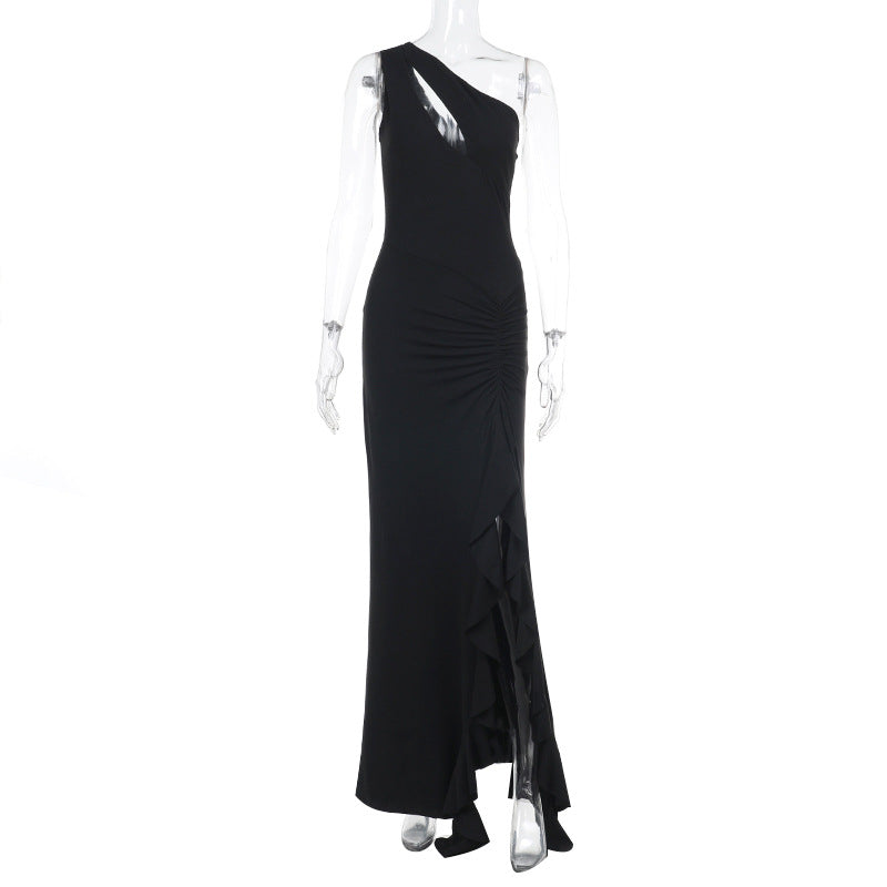 Damen elegantes asymmetrisches Maxikleid mit Rüschendetails EB