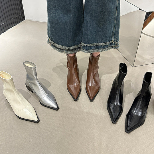 Damen elegante Stiefeletten mit spitzem Zehenbereich und Blockabsatz EB