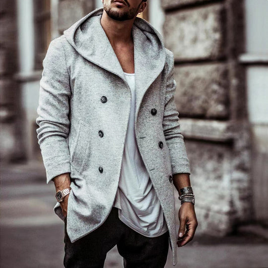 Herren stylischer Hoodie-Mantel mit doppelter Knopfreihe und weitem Kragen EB